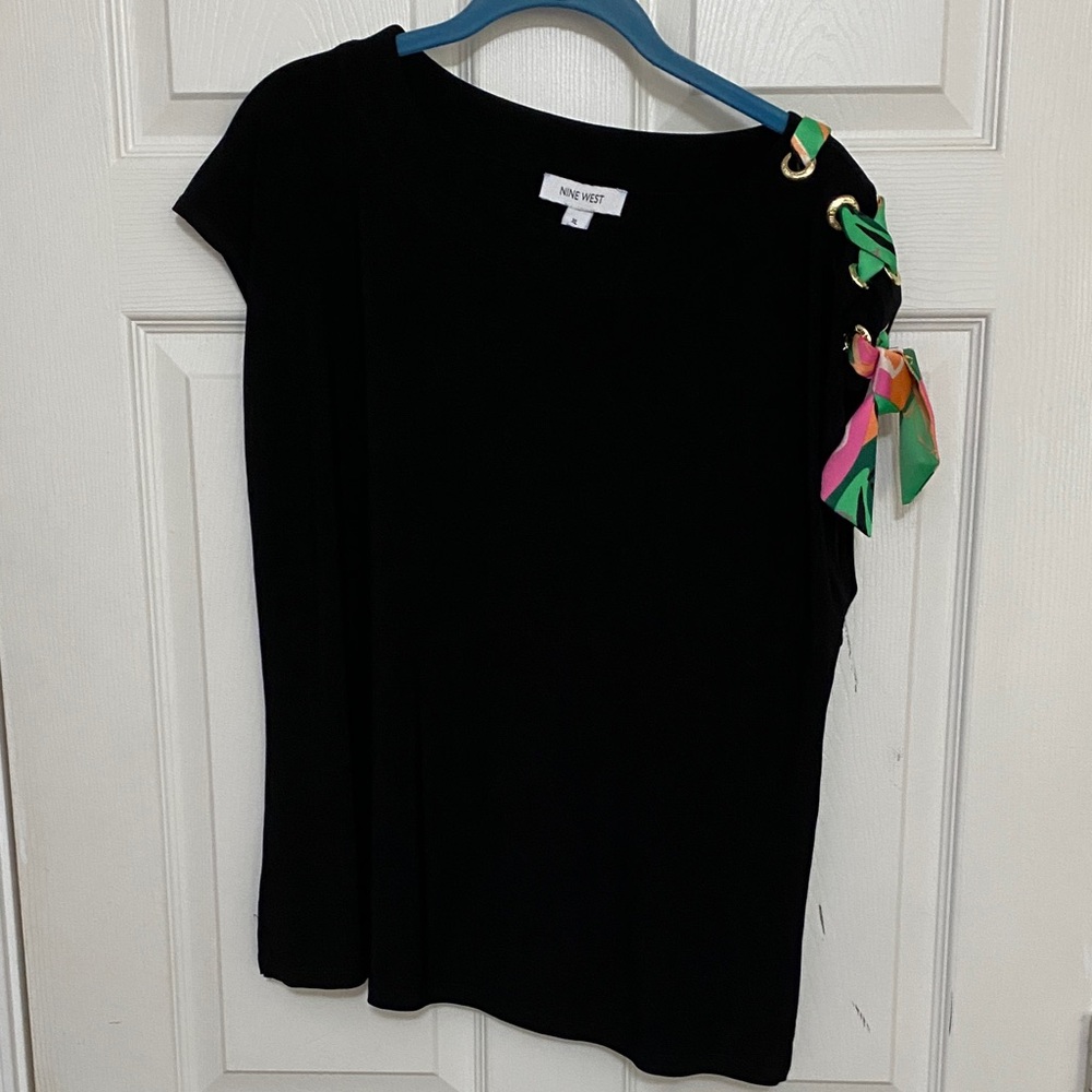 Nine West Black Tee with Multicolor Ribbon Detail